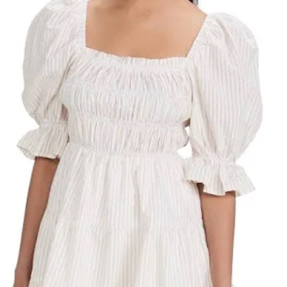 MinkPink 100% Cotton tan and white striped Puff Sleeve Dress